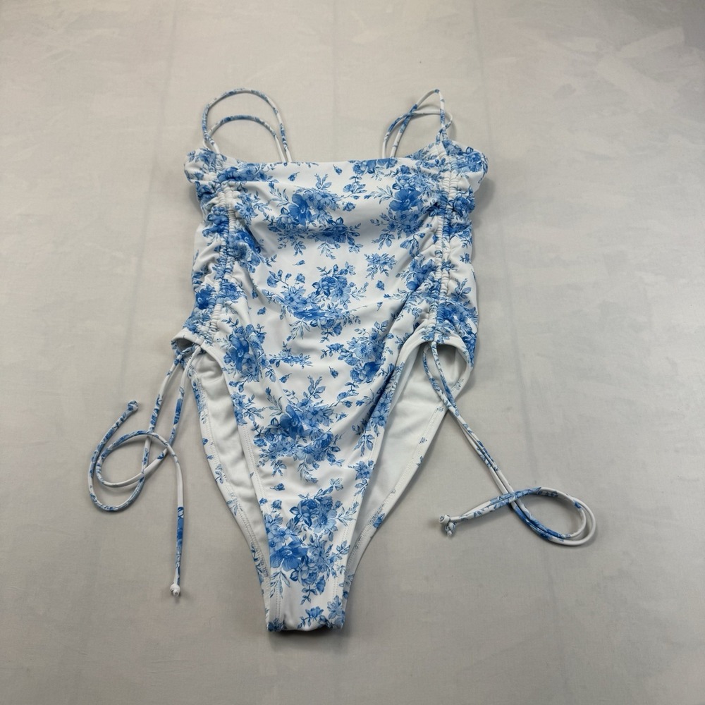 Wild Fable Womens M Blue White Floral Toile One Piece Swimsuit